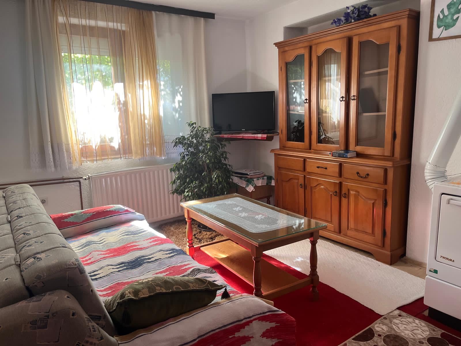 The bright studio living room and bed